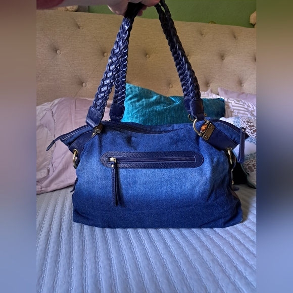 Rare Vintage Sharif Large Embroidered Denim Leather Jaguar Studded Shoulder Bag - Picture 6 of 14